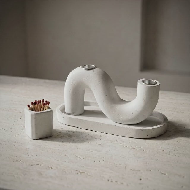Modern S Concrete Shabbat Candle Set with Tray and Match Holder