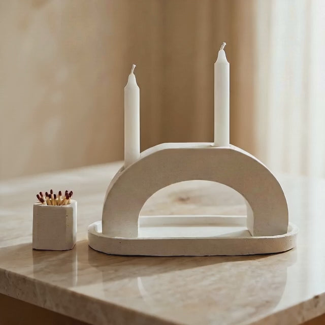 Modern Arch Concrete Shabbat Candle Set with Tray and Match Holder