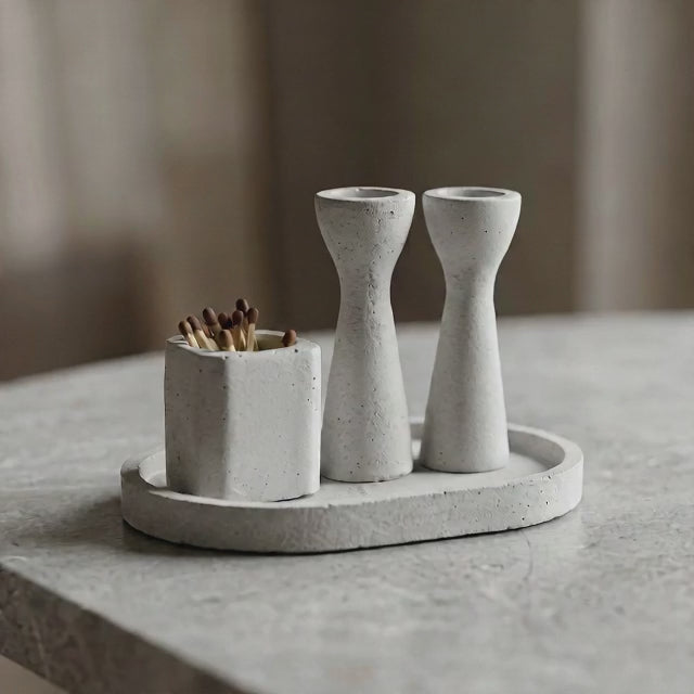 Modern Mini Concrete Shabbat Candlestick Set with Tray and Match Holder